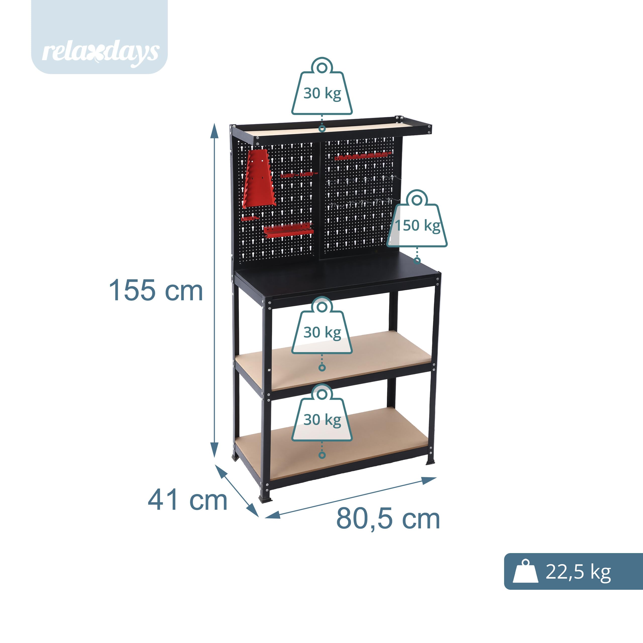 Relaxdays Werkbank, HBT: 155x80,5x41 cm, 3 Ebenen, mit Lochwand, Ablage & Zubehör, Stahl & MDF, Werkstattregal, schwarz