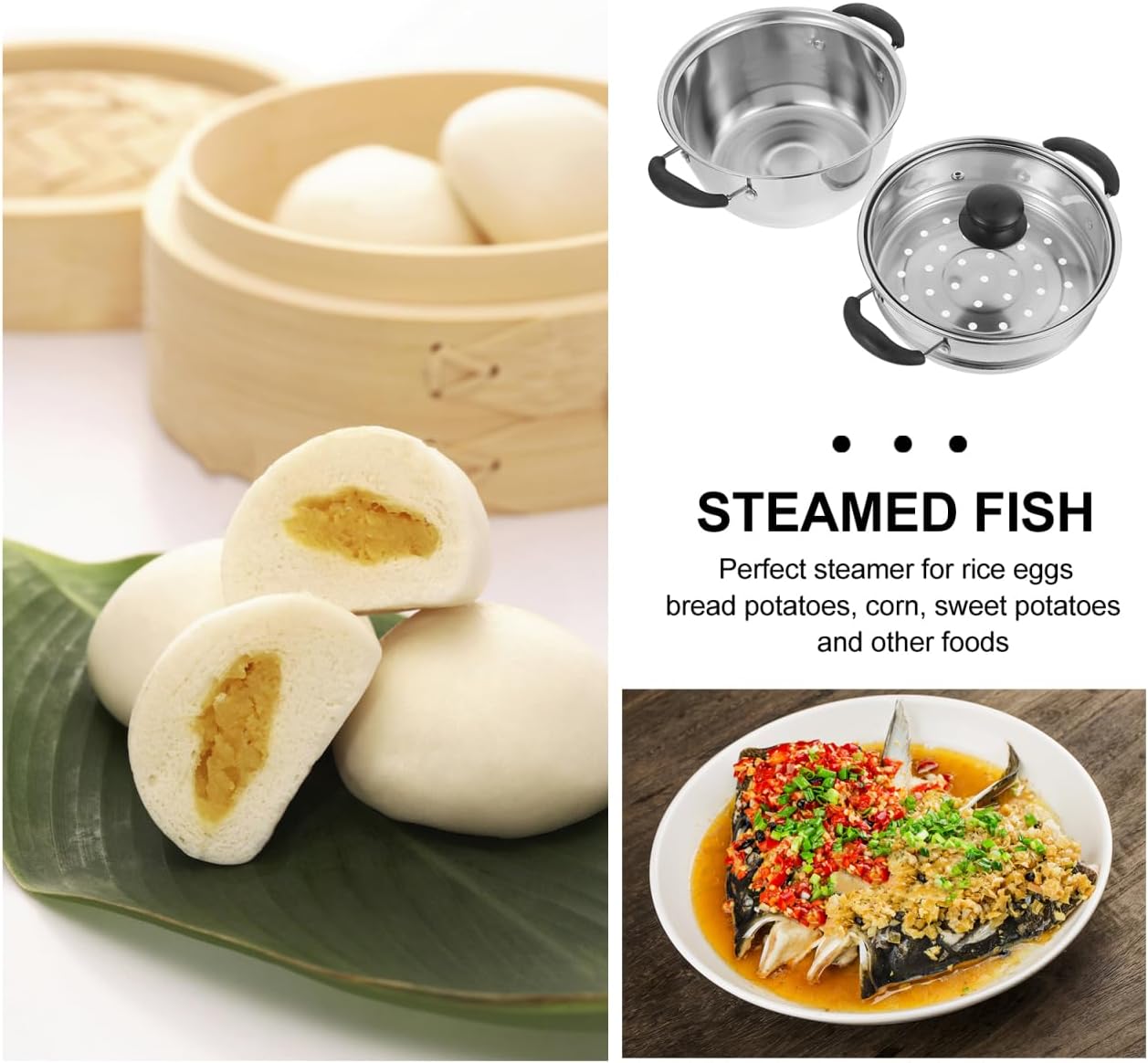 PRETYZOOM Stainless Steel Steamer Pot 9 Inch with Lid Multi-Use Steam Pot for Cooking Vegetables Seafood and Soup Kitchen Cookware