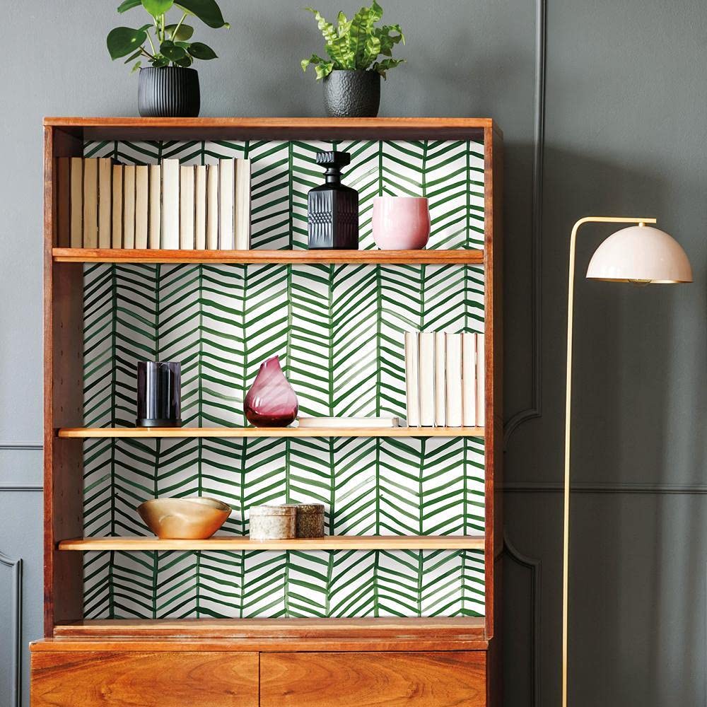 RoomMates RMK11632WP Cat Coquillette Herringbone Green and White Peel and Stick Wallpaper, 52.1 x 502.9 cm - Image 2