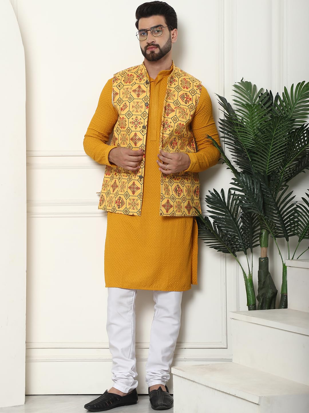 Sojanya (Since 1958 Men's Pure Cotton Mustard Kurta And White Pyjama With Printed Mustard Nehru Jacket