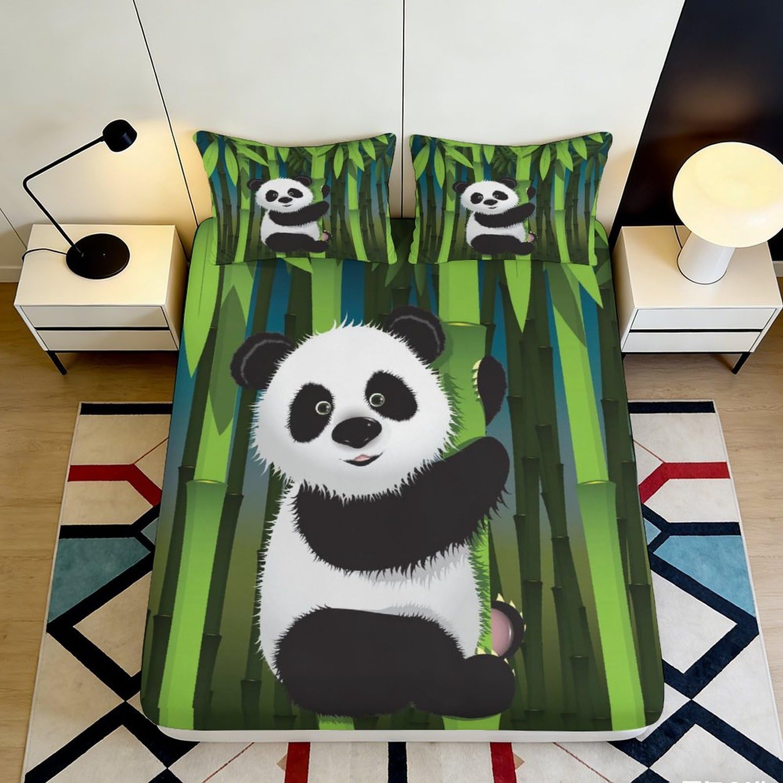 3D Printed Panda Bamboo Fitted Sheet Microfiber Soft Breathable Cartoon Bear Mattress Cover for Bedroom Dorm Mattress Protection Decor 180x200x25cm