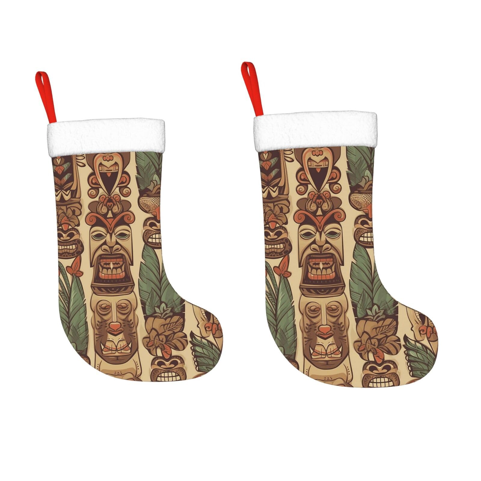 KLOPH 2 Pack 18 Inches Christmas Stockings Personalized Vintage Aloha Tiki Xmas Stocking Hanging Decoration Fireplace Stocking for Holiday Xmas Tree Christmas Fireplace Decor Gifts