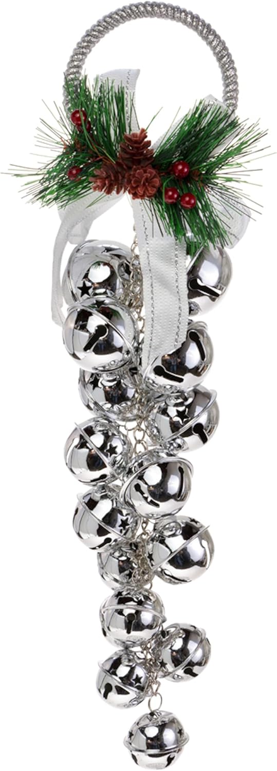 Boston International Christmas Bells Door Hanger Winter Holiday Doorknob Decorations for Home, 15.5", Silver Bunch Jingle Bells