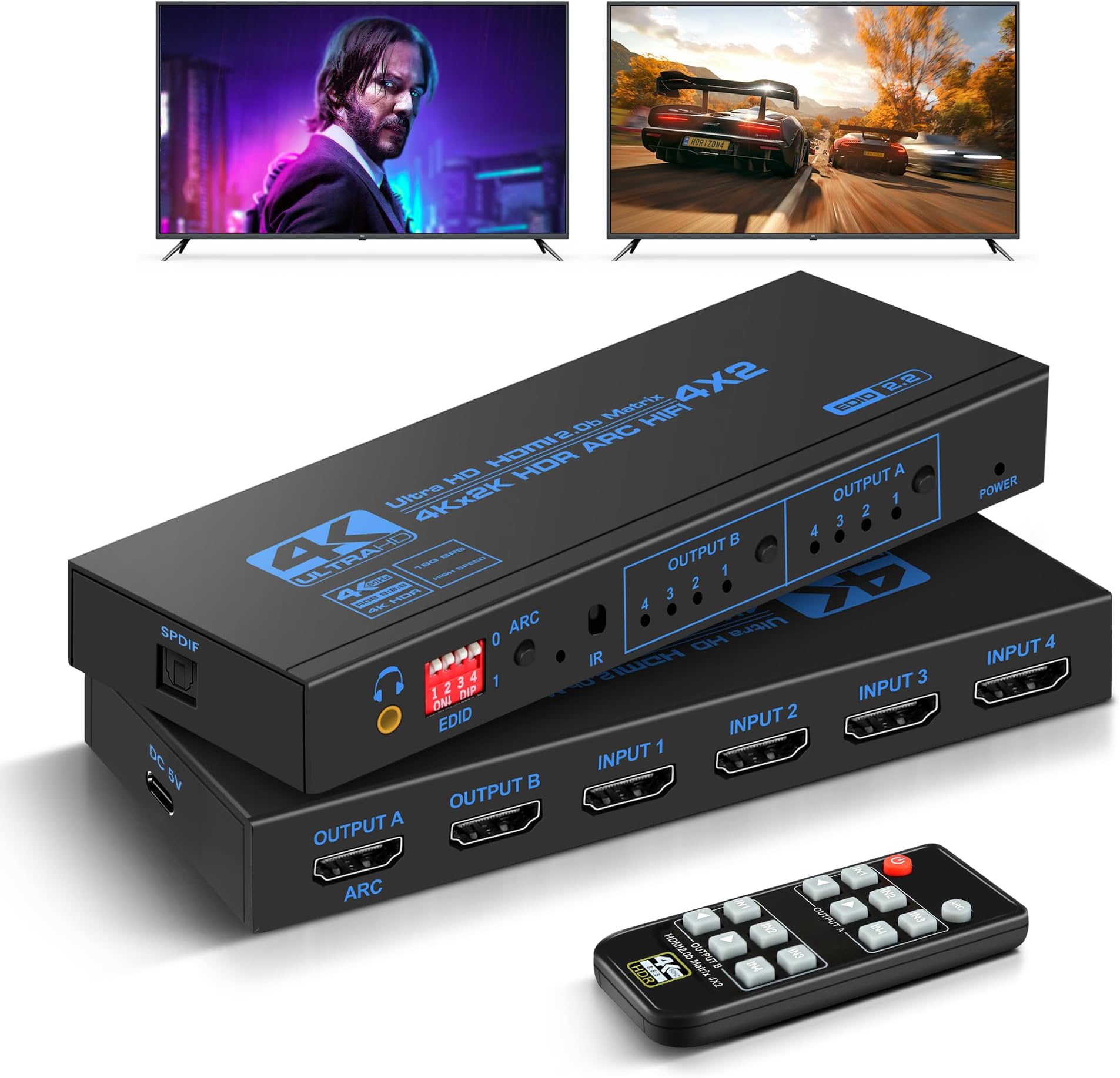 4K@60Hz HDMI Matrix Switch 4X2 with ARC, avedio links 4 in 2 Out Matrix HDMI Video Switcher Splitter + Optical & 3.5mm Stereo Audio, Scaler 4K 1080P Synch, HDM I Audio Extractor with IR Remote Control