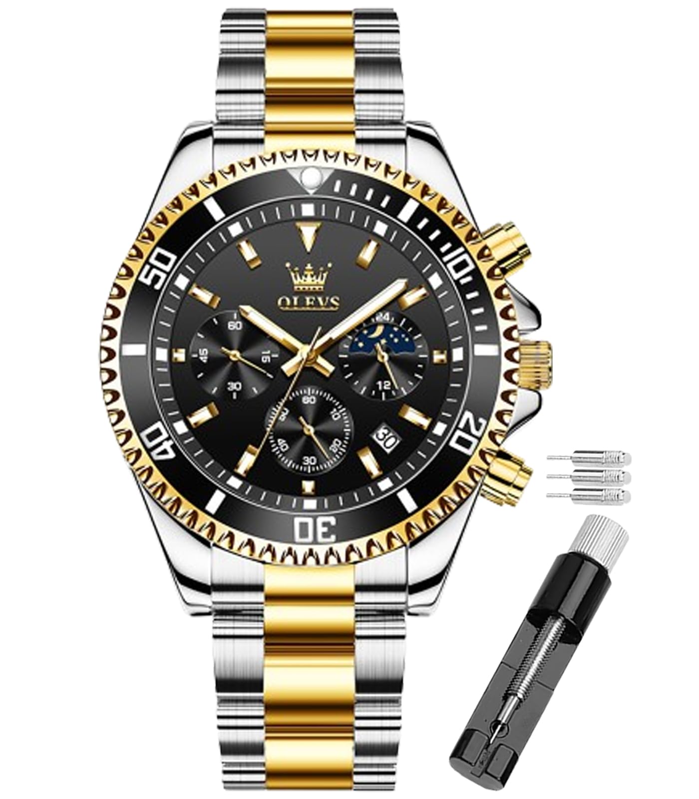 OLEVS Watch for Men Diamond Business Quartz Stainless Steel Waterproof Luminous Date Wrist Watch GW-G2870-Golden black