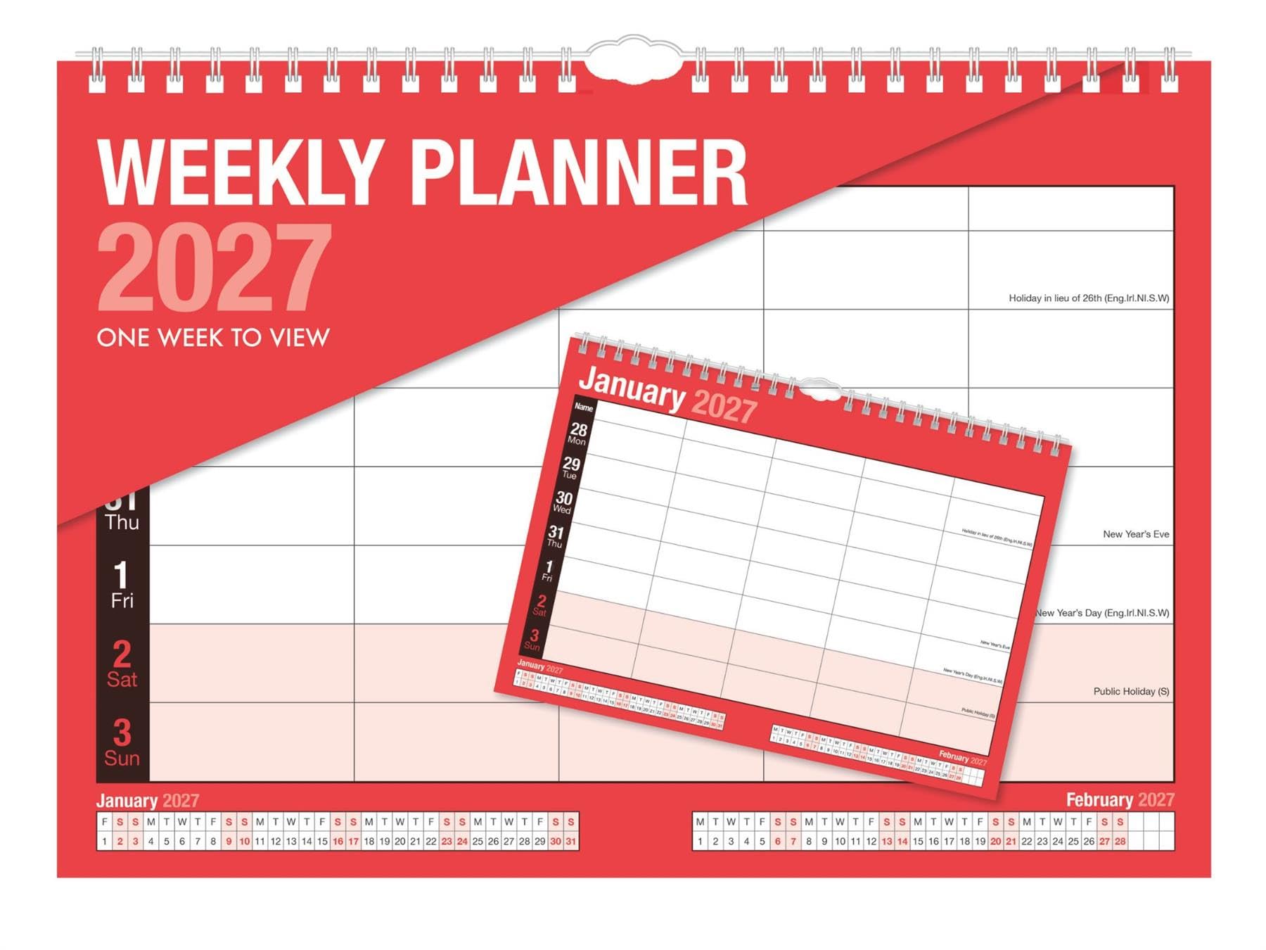 2027 Weekly Planner Wall Calendar Red - One Week to View 5 Column Layout - A4 Hanging Calendar 210x296mm - UK & Ireland Holidays Home Office School Family