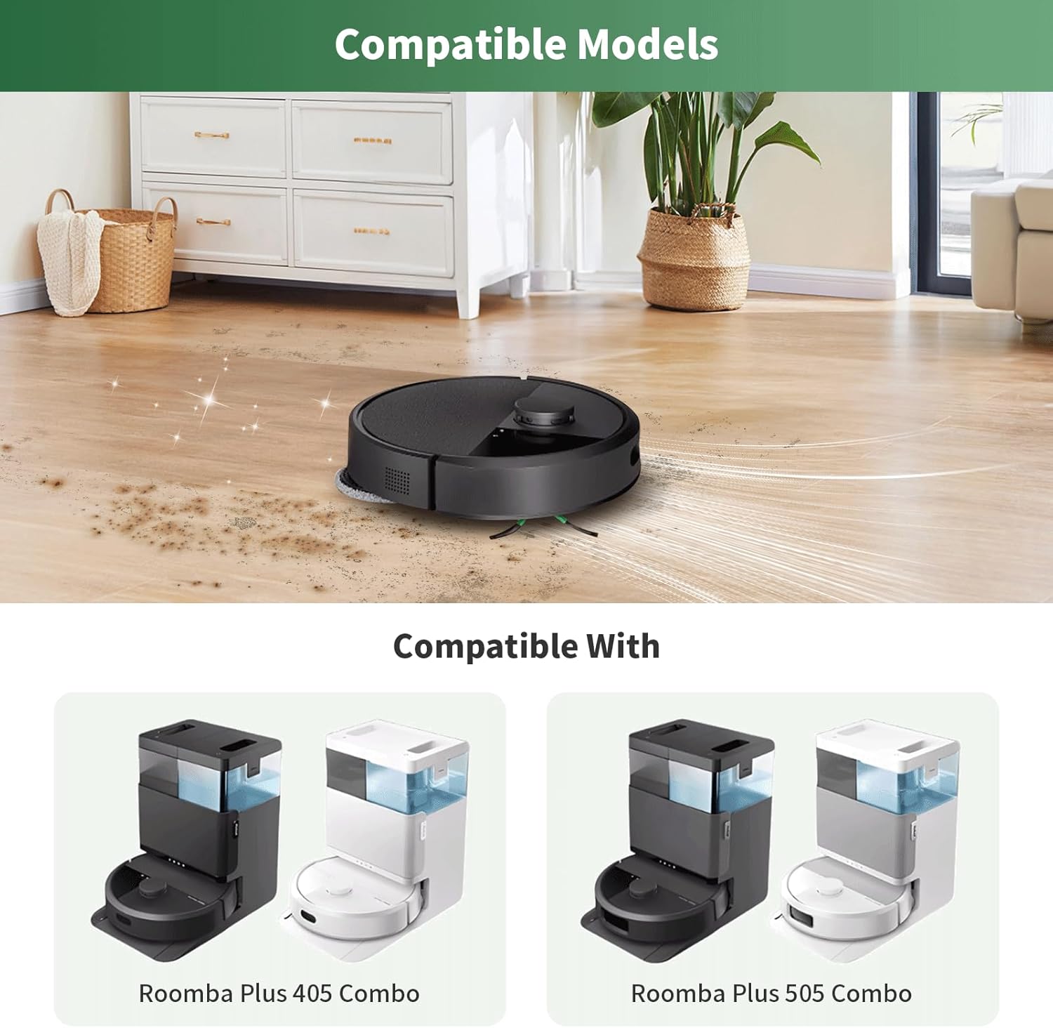 27 Pcs Replacement Parts for iRobot Roomba Plus 505 Combo/405 Combo Robot Vacuum Cleaner,Accessories Kit include 2 Main Brushes, 6 Dust Bags, 6 Mop Pads, 4 Filters, 8 Side Brushes and 1 Cleaning Tool