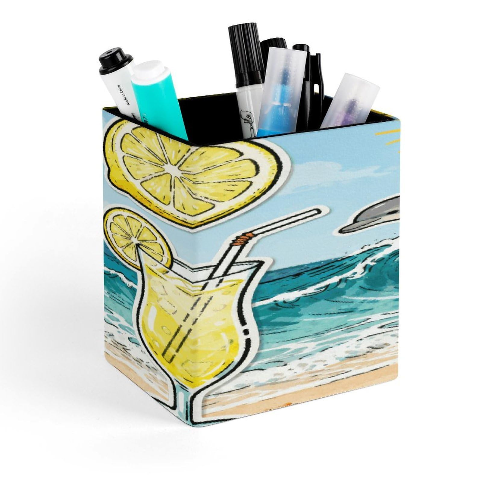 LZQPOEAS Lemon Dolphin Summer Collage Square Pen Pencil Holder PU Leather Pencil Cup Desktop Stationery Organizer Office Accessories Container