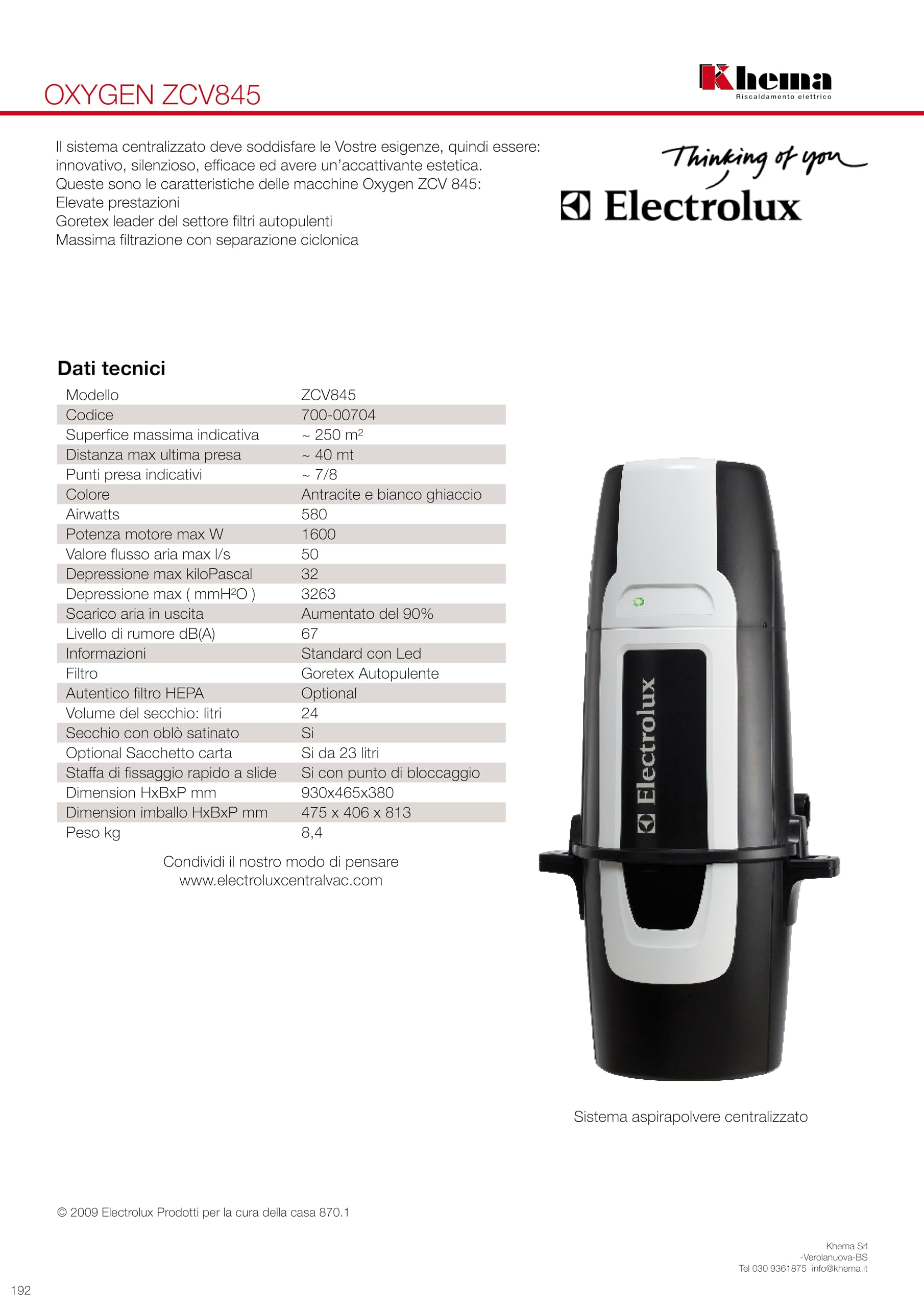 Electrolux Centrale Aspirapolvere centralizzato ZCV870 Compatibile con Set accessori di altri marchi