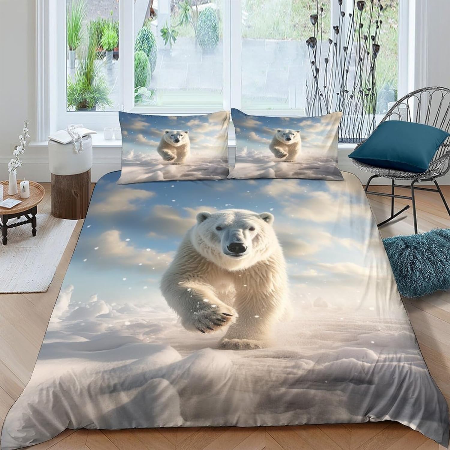 Housse de couette ours polaire 3D 220x240 cm en microfibre douce avec taies