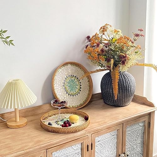 Miniatura 5 de Bandeja redonda de ratán con incrustaciones de madreperla, bandeja decorativa tejida a mano con base de madera,Cestas decorativas de mimbre bandeja