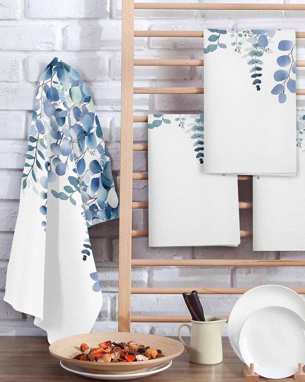 Eucalyptus Blue Hand Towels Set, Waffle Weave Kitchen Towels 2 Pieces, Farmhouse Leaves Summer Spring Microfiber Hair Face Bath Tea Towel Absorbent Quick Drying Cleaning Dish Cloths, 15.7"x23.6"