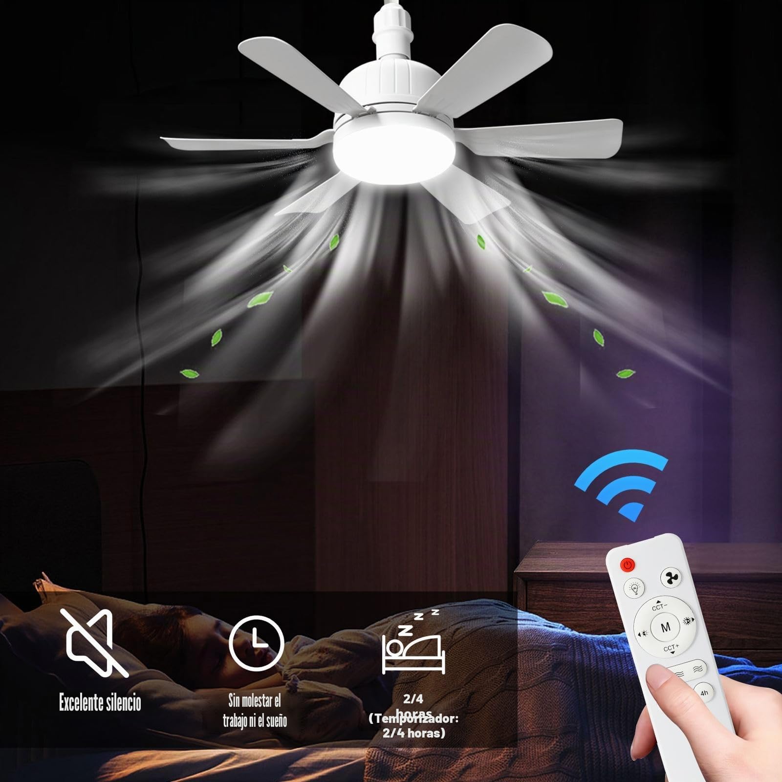 Ventiladores de techo con luces y mando a distancia, 24 W Bombilla Ventilador de techo, 3 velocidades, Lámpara E27 Ventilador de techo silencioso para sala de estar, dormitorio, dormitorio (6