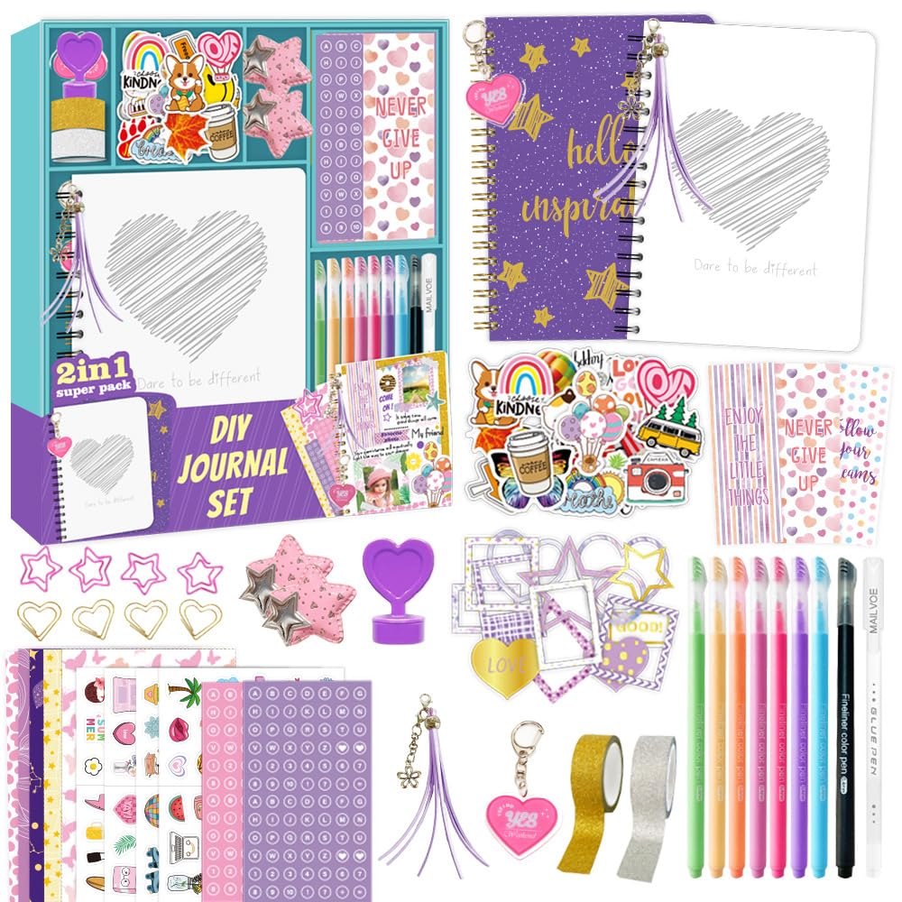 DIY Journal Gift Set – 200PCS Purple Scrapbook Stationery Kit with Foil Notebooks, Stickers, Scrap Papers, Decorative Clips & Pens for Kids, Boys and Girls