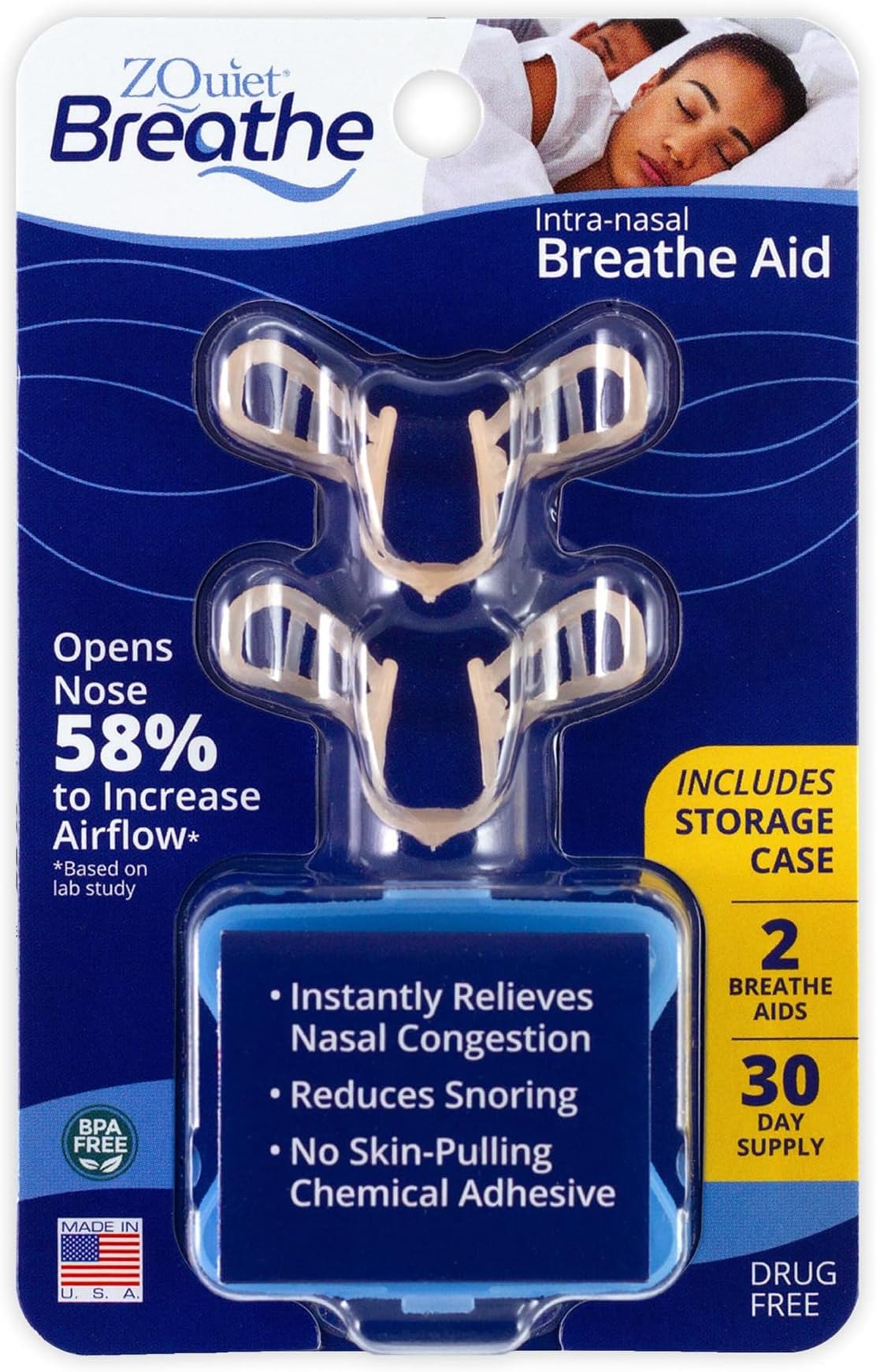 Breathe, Anti-Snoring Nasal Dilator with Storage Case, Natural Snoring Solution, 2 Count, 30-Day Supply, Made in USA