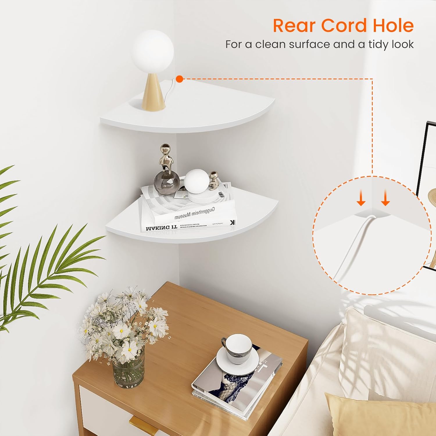 Homode Corner Wall Shelf, 12 in Wide Rounded Corner Shelf Floating, Set of 2 Wooden Hanging Corner Shelves with Wire Hole for Bathroom Living Room Office, White