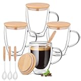 4 Pack Double Walled Glass Coffee Mugs with Bamboo Lid/Spoon, Insulated Coffee Cups with Handle, Cappuccino Latte Glasses Cup, Clear Glass Mugs for Hot Drinks Tea Milk Juice Ice Cream (350ml)