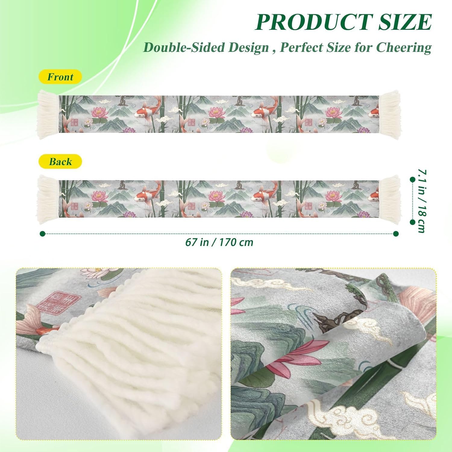 CHIFIGNO Fish Trees Lotus Flowers Versatile Soccer Fan Scarf, Wearable Towel for Games & Events, Soft Polyester Fabric with Fringe