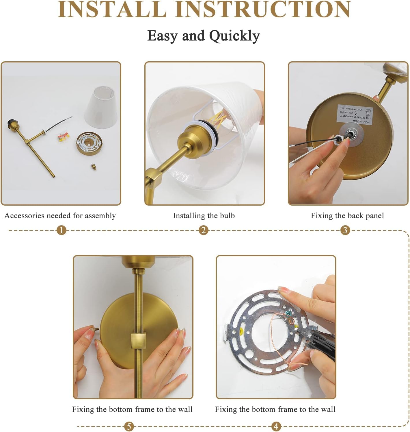 Enyhom 2 Stücke E27 Wandleuchten Innen Vintage Flur Wandlampe Deko Gold Industrial Wandlampe mit Weißem Stoffschirm für Spiegel, Wohnzimmer, Schlafzimmer und Treppe (Ohne Glühbirne)