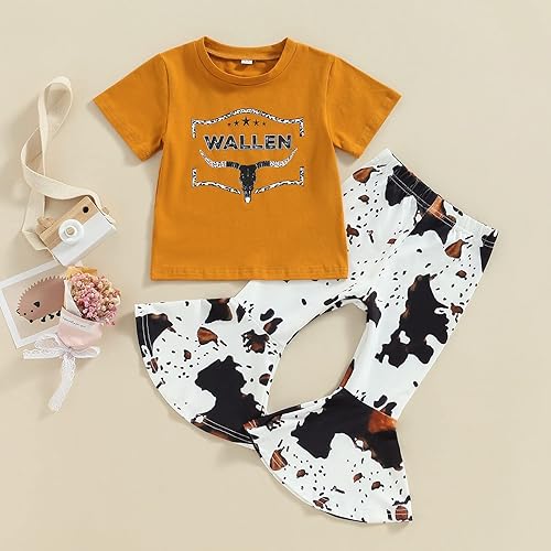 Miniatura 2 de fhutpw Conjunto de camiseta de manga corta con estampado de vaca y pantalones acampanados de dibujos animados para niñas pequeñas