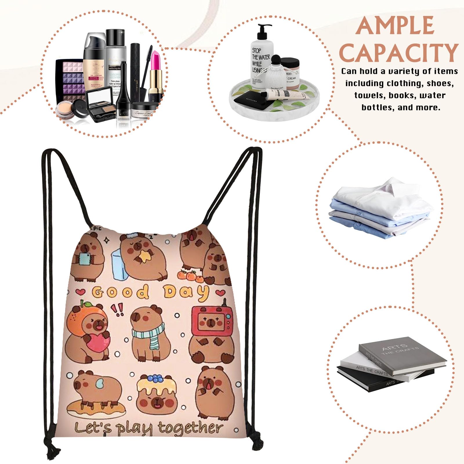 FOSDICK Capybara Sac a Dos Cordon pour Enfants, Sac de Sport avec Cordon de Serrage, Motifs Capybara Gym Bag, Sacs Piscine Enfant, Sacs de Sport pour École Plage Natation Voyage, Cadeau Fille 10 Ans - 5