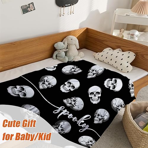 Miniatura 6 de YeeJu Manta de Halloween para niños, manta de calavera espeluznante negra, manta pequeña para niños y niñas, cama de bebé, decorativa, suave,