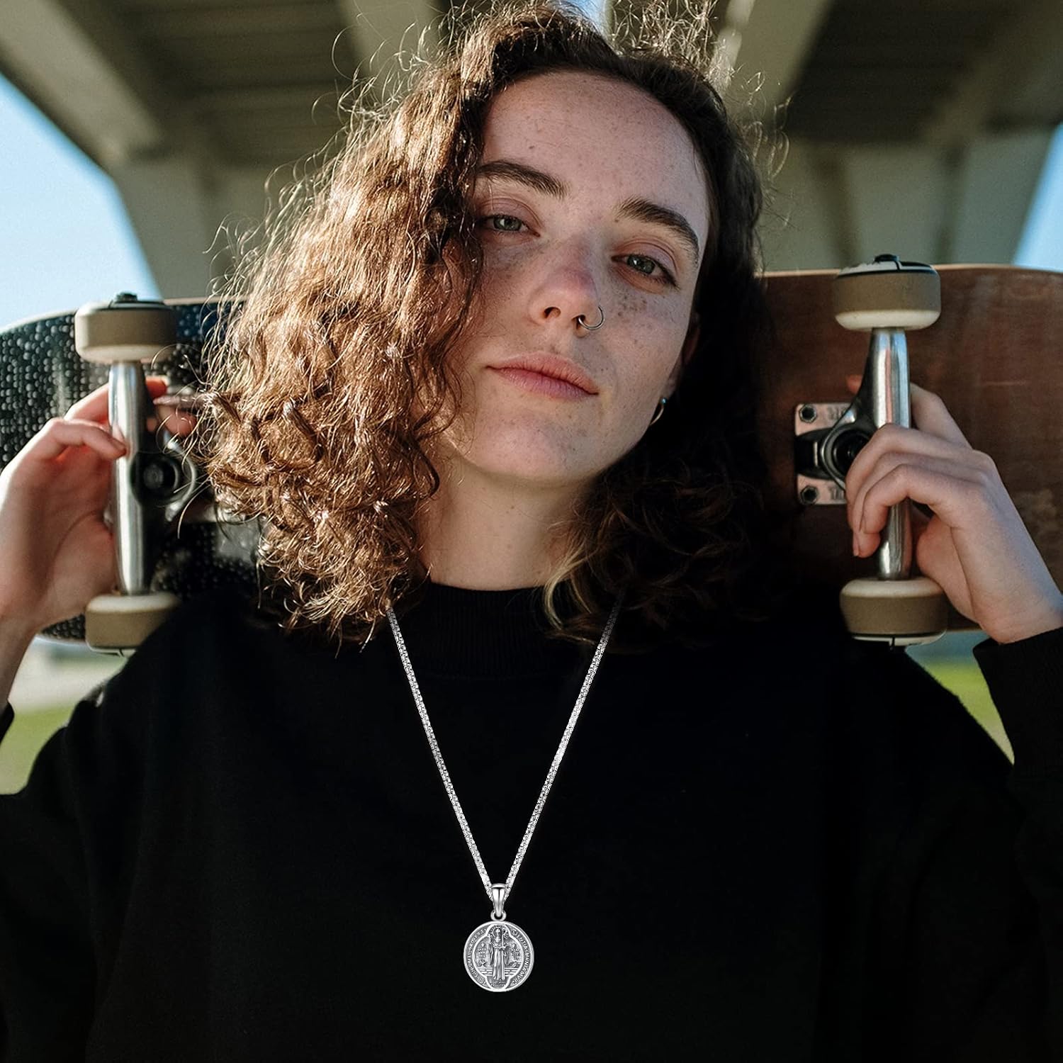 Miniatura 7 de Eusense Collar de plata de ley 925 con colgante de cruz de Jesús, San Miguel, San Cristóbal, San Benito, San Judas, Virgen María, Medalla Milagrosa