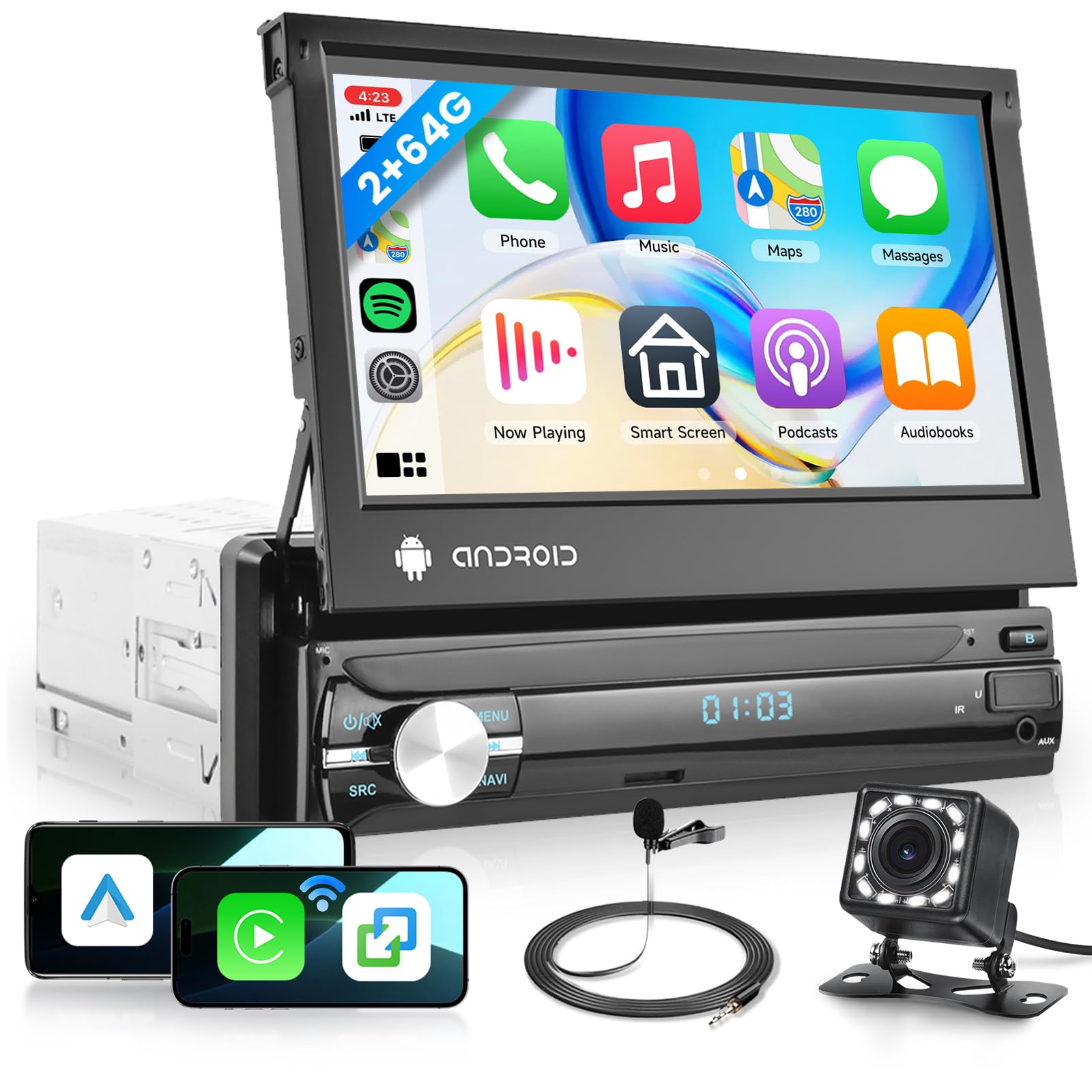 Hodozzy 2GB+64GB Android Radio 1 DIN con Carplay Android Auto Navegación GPS, WiFi, Bluetooth, FM/RDS Radio, Pantalla Táctil de 7 Pulgadas con Mirror Link, USB/AUX, Controles Volante, Cámara