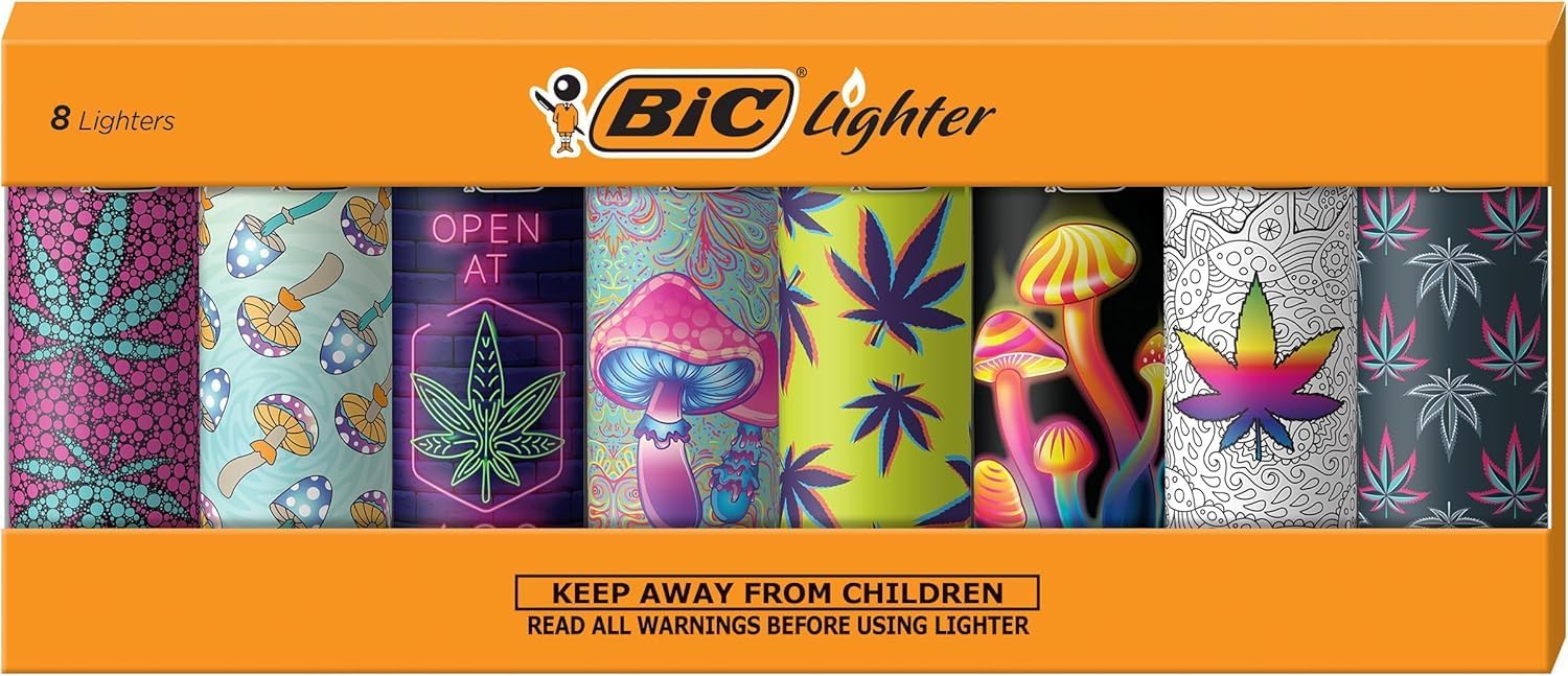 BIC Maxi Pocket Lighters Counterculture Series 8-Pack - Stylish Designs, Up to 3,000 Lights, Reliable Flame