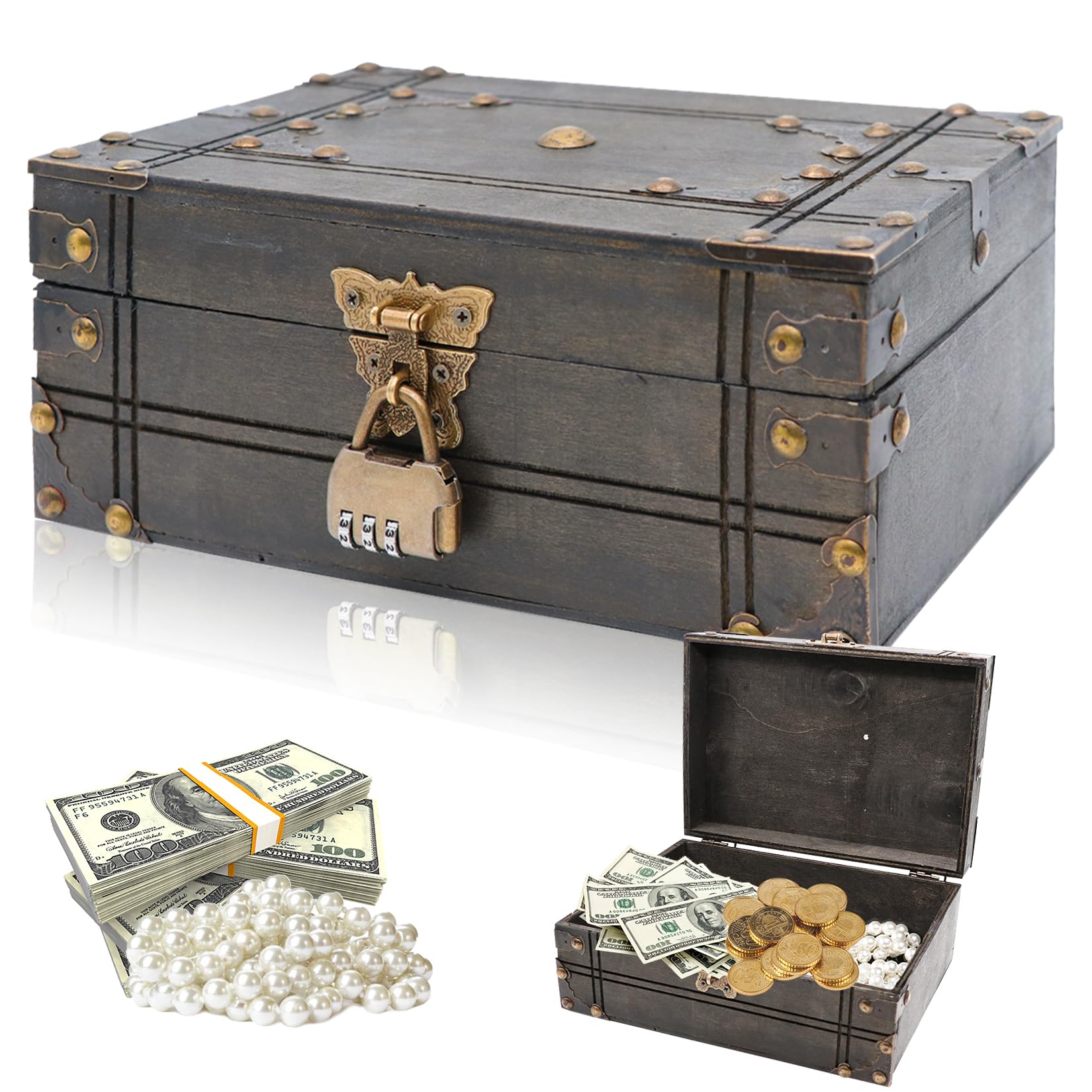 Schatztruhe Holz, Vintage Schatzkiste Große Schatztruhe mit Zahlenschloss Schatzkiste Holz mit Deckel Schatztruhe Kindergeburtstag für Aufbewahren und Dekorieren Geschenke (23.5x16x9cm, Grau)