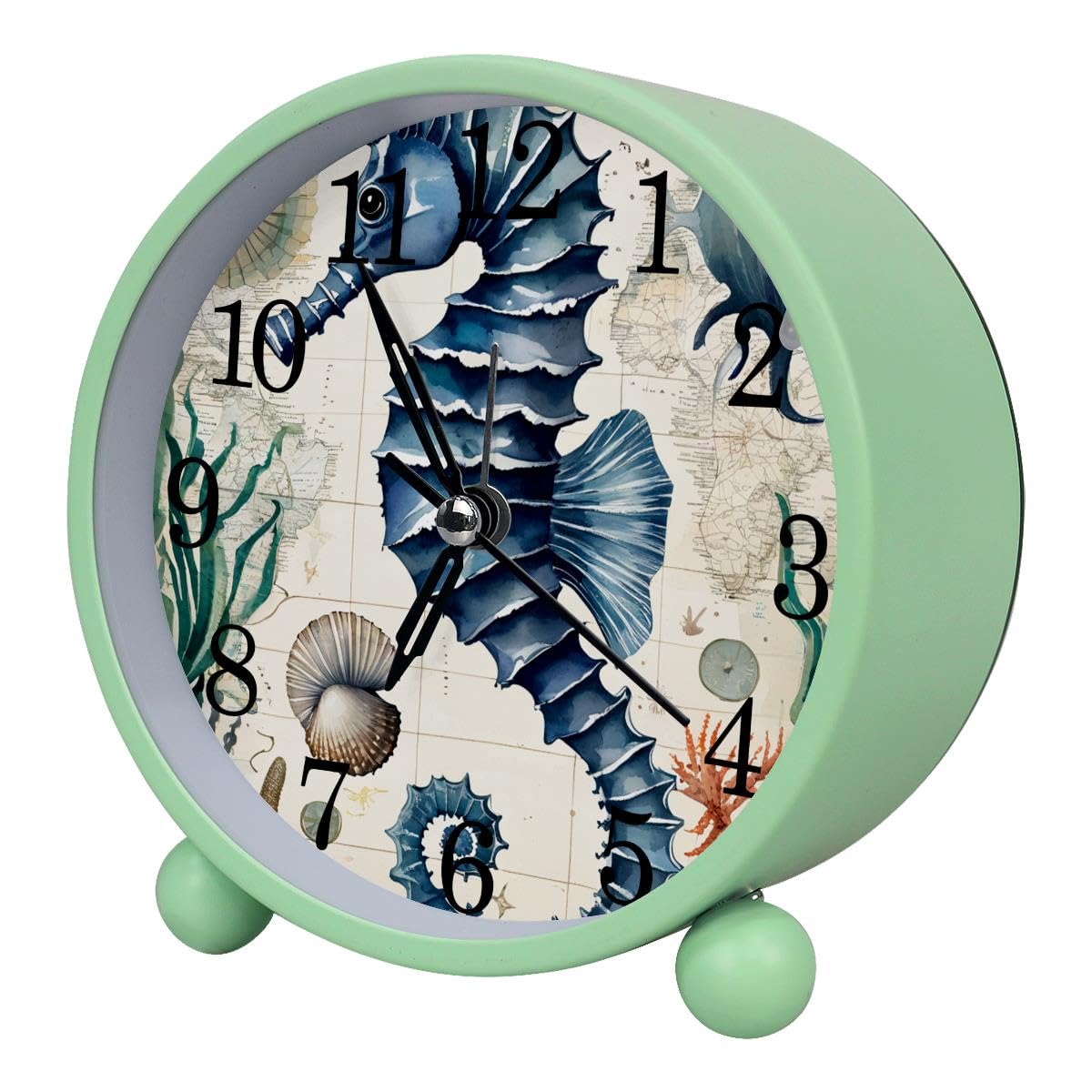 Luoweisi Alarm Clock Seahorse, Silent Non-Ticking with Night Light, Round Metal Alarm Clock for Office, Battery Operated, Bedroom, Elderly, Adults, Children, Student Gifts