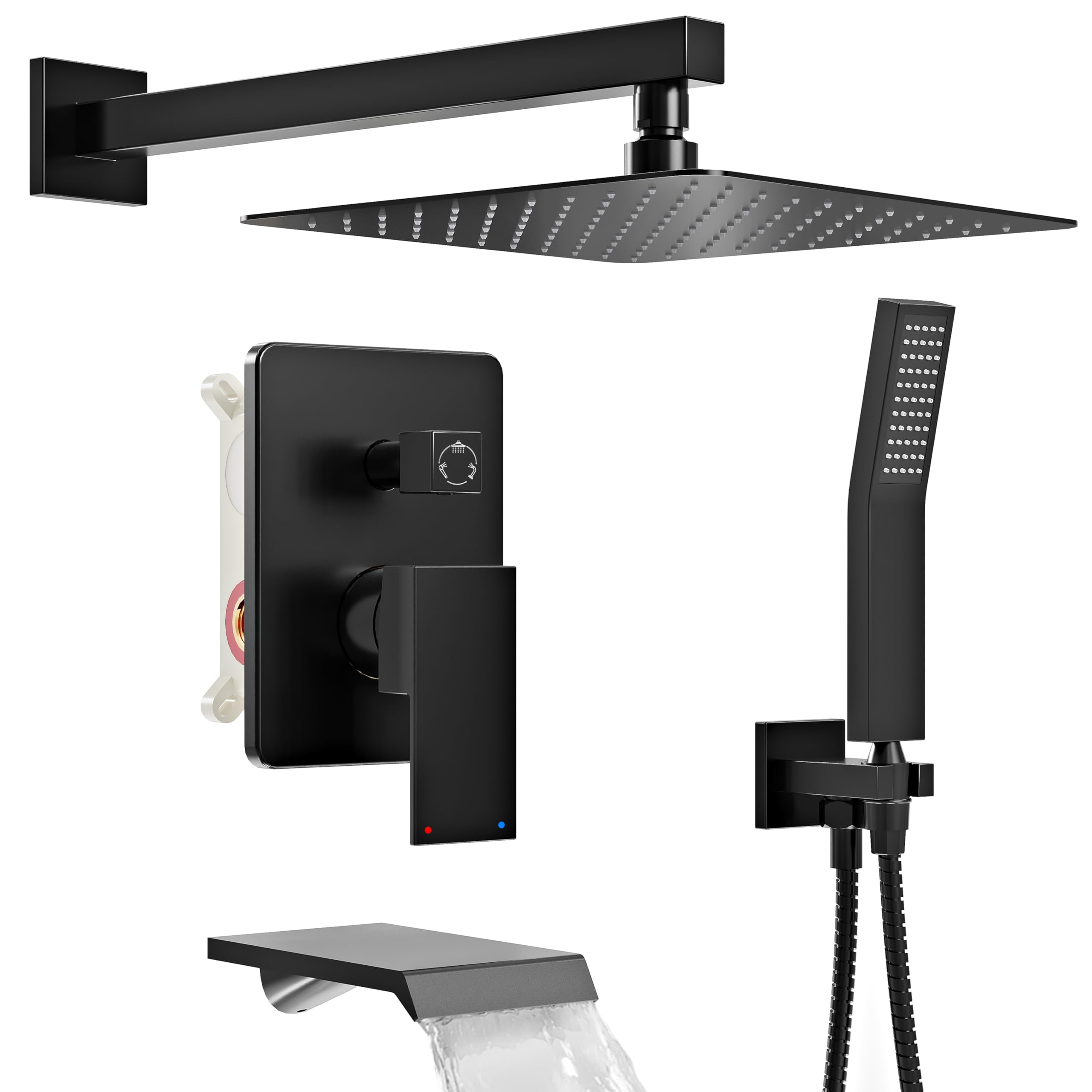 Photo 1 of HomGoo Matte Black Shower System with Tub Spout, All-Metal Wall Mounted 12-Inch Rain Shower Head and Handheld Spray Combo, Complete Tub Shower Set with Valve and Trim Kit