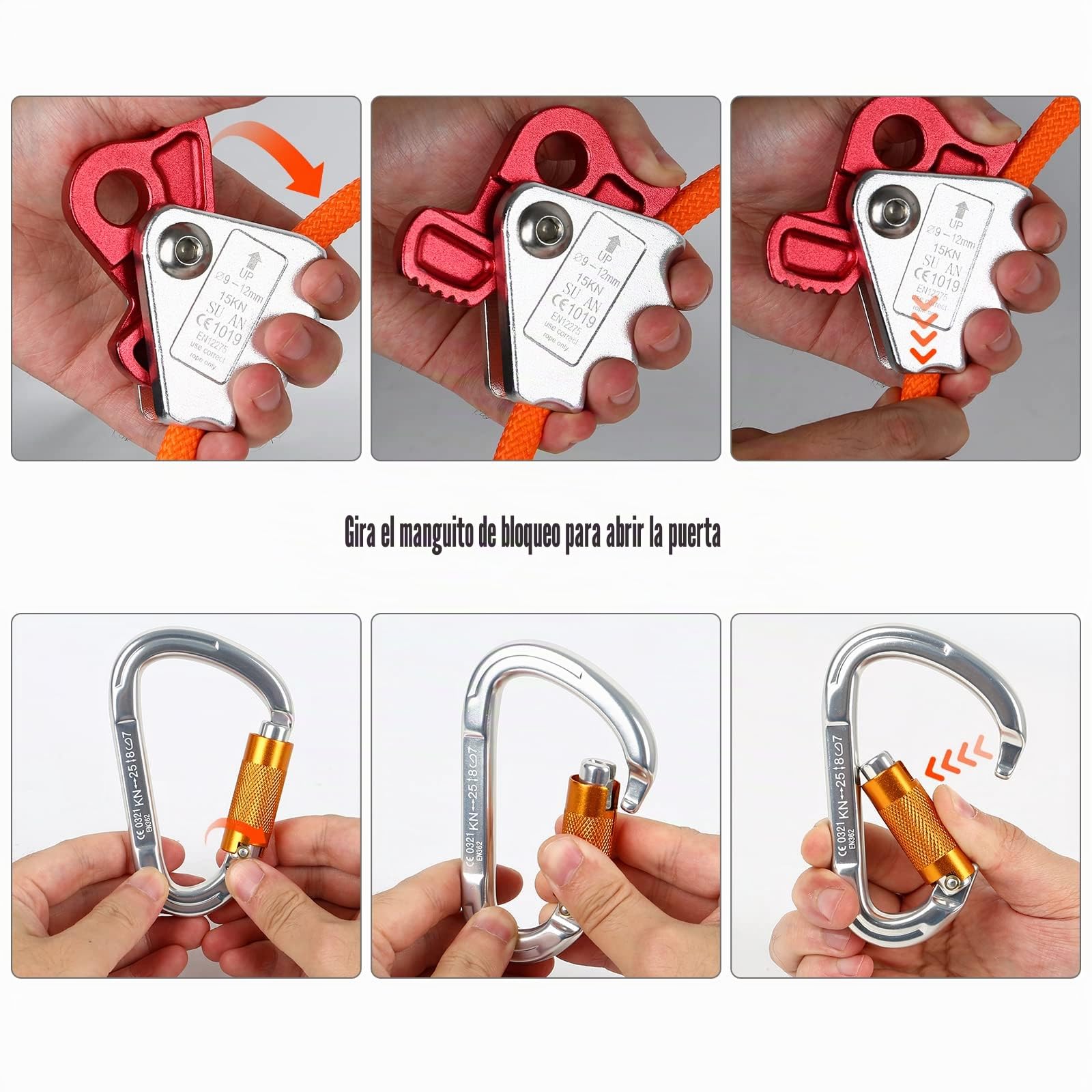 MENAYODA Kit de línea de hilo de acero con mosquetón de triple bloqueo, núcleo de alambre de acero de 12 mm, cordón ajustable para protección contra caídas, árboles y trepadores de árboles
