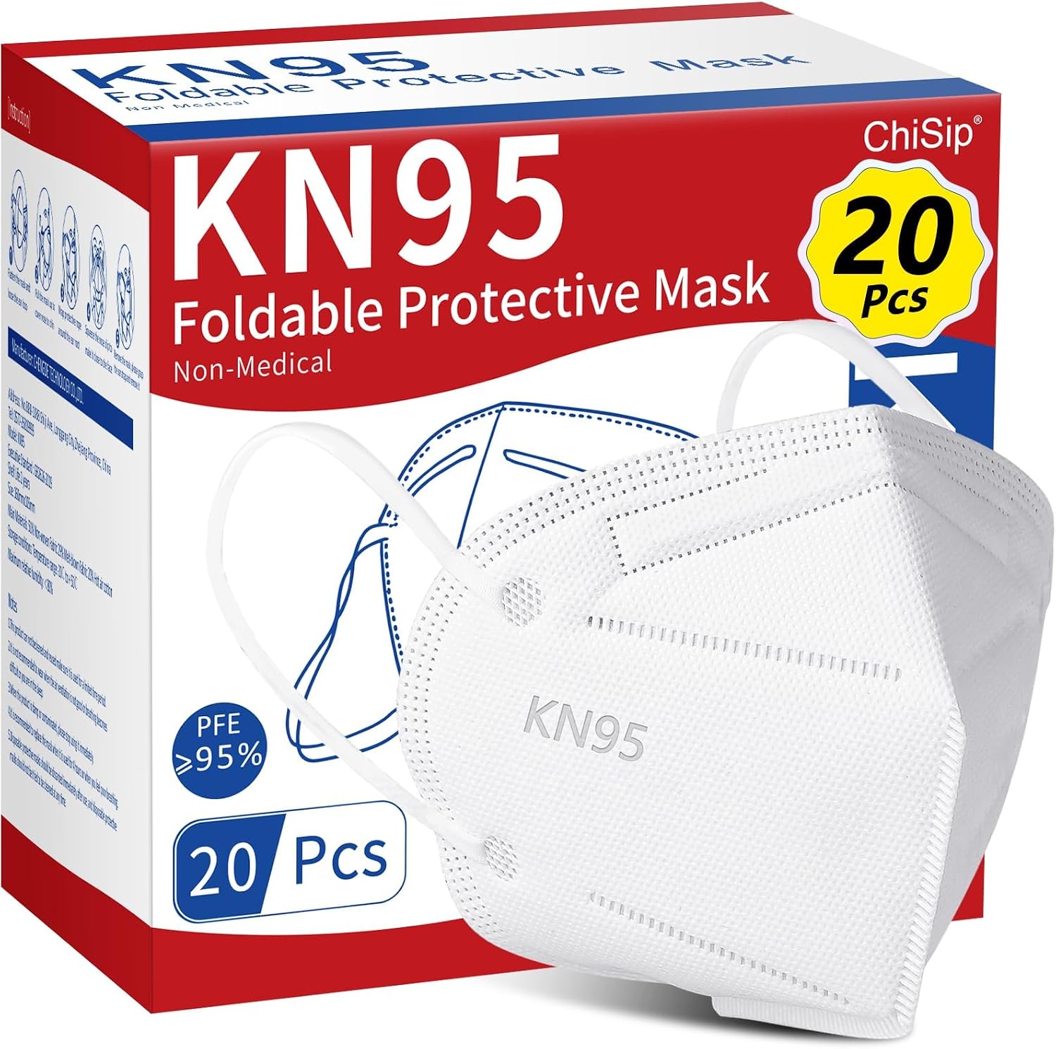 ChiSip KN95 Face Masks 20 Packs, 5-Ply Disposable Masks for Adults, White | Breathable, Elastic Earloops, 3D Design, Adjustable Nose Clip, Glasses-friendly, 95% Filtration Efficiency, White KN95 Masks