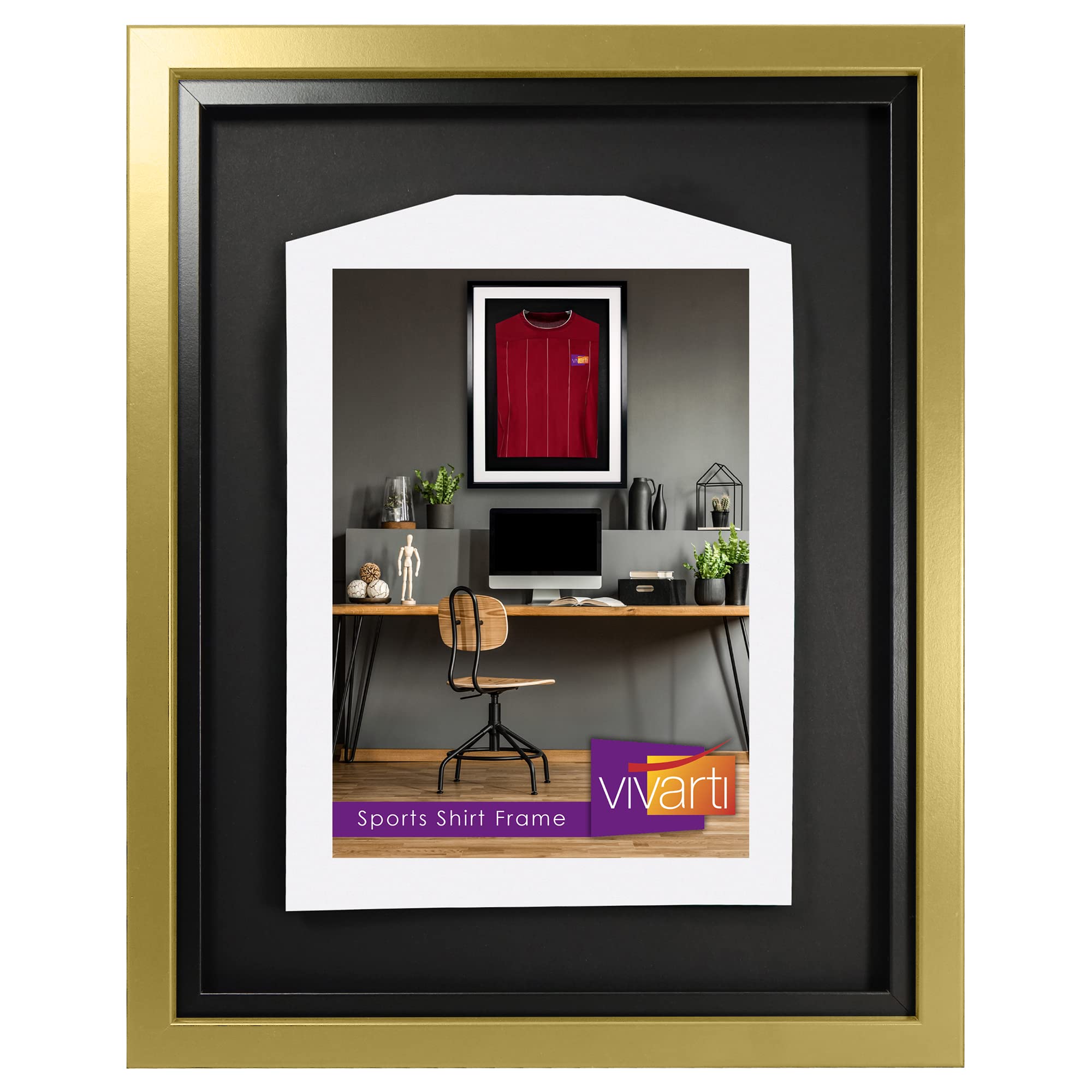 Vivarti DIY dziecięca standardowa ramka ekspozycyjna na koszulę piłkarską, koszulę rugby, koszulka zespołu Shadow Box - 40 x 50 cm - złota ramka, czarna ramka wewnętrzna, czarna karta z podkładem
