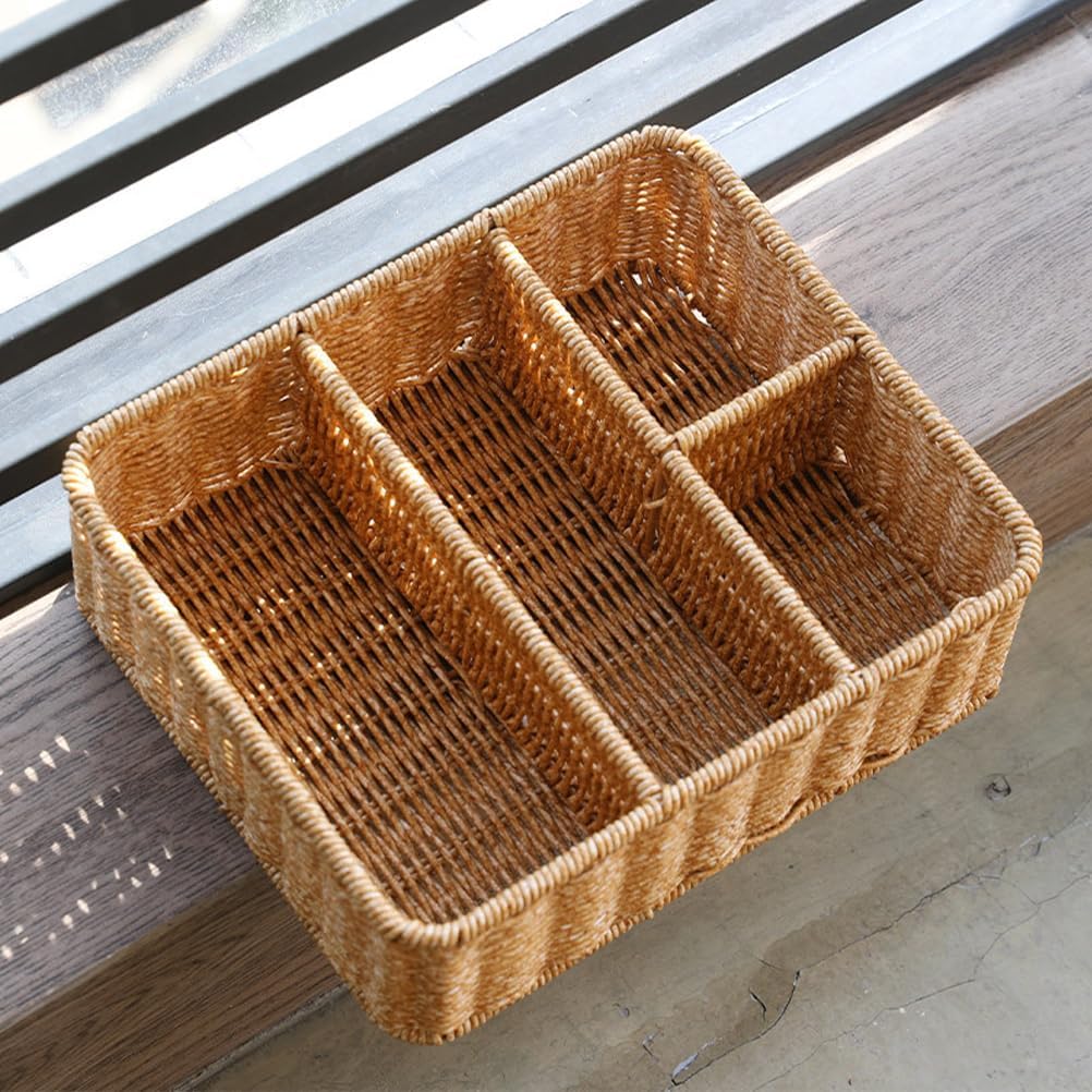 Wicker Divided Storage Basket, Rectangular Hand-woven Baskets Plastic Drawer Baskets Organizer for Organizing Cabinet Coffee Table Toilet Paper