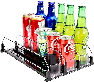 Drink Dispenser for Refrigerator, Self-Pushing Soda Can Organizer for Fridge, 3 Rows has been Assembled, Automatic Can Organizer with Spring Loaded for Refrigerator Holds 15 cans, Black