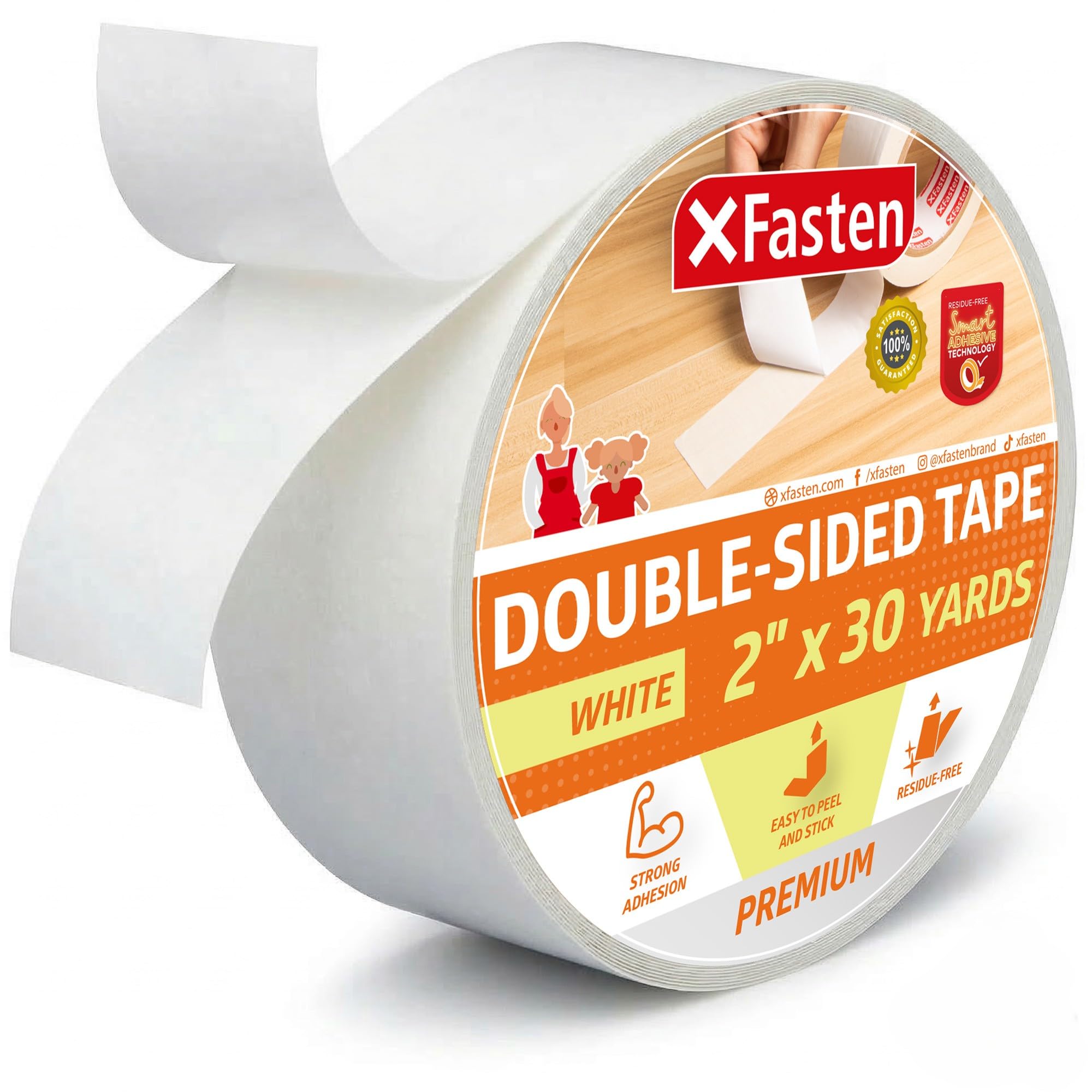 XFasten Double Sided Tape, White, Removable and Residue-Free, 2-Inch x 30 Yards, Surface Safe Two-Sided Sticky Adhesive Tape for Wall, Floor, Clothes,
