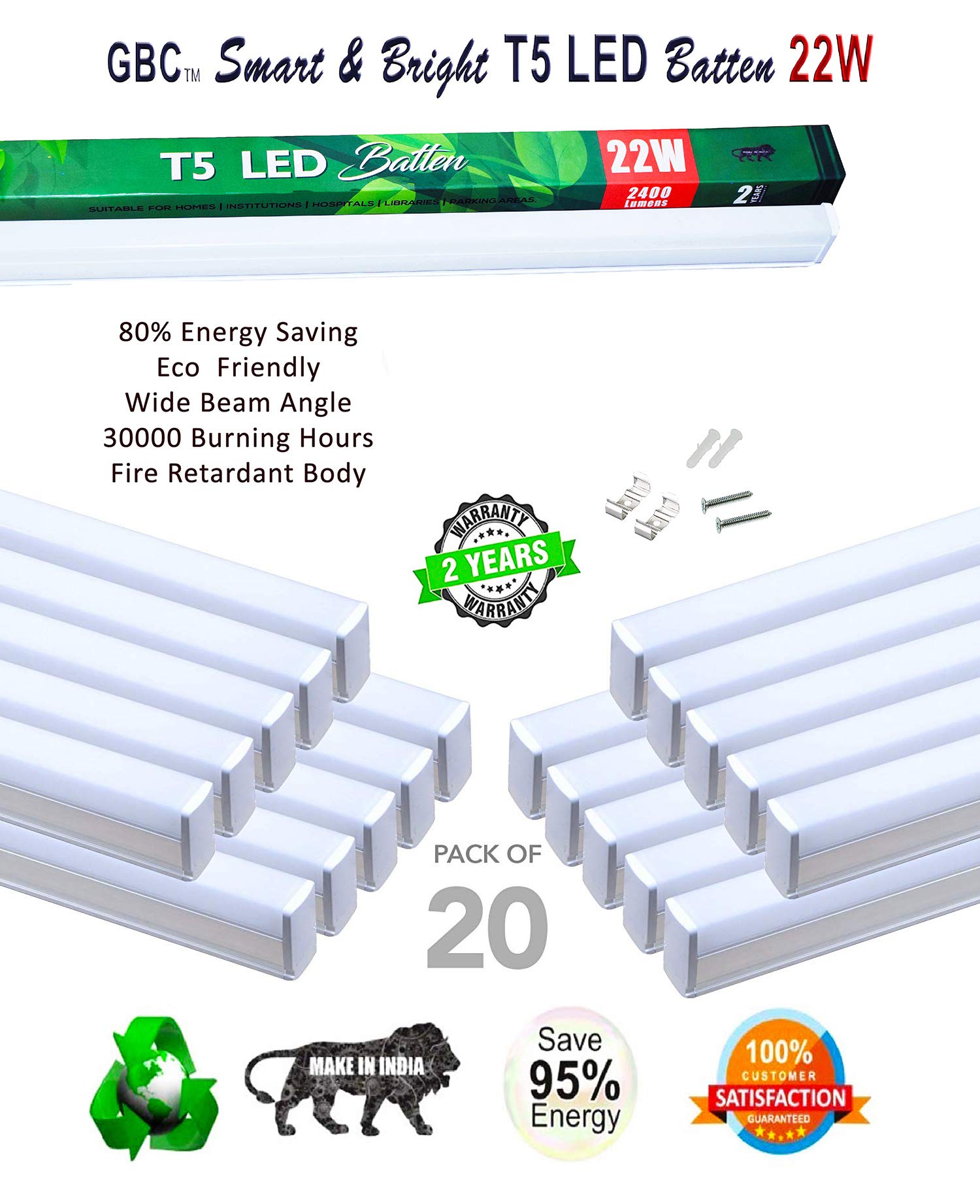 GBC Grand Base Corporation Life Brightened b22d 2400 lm Lumens 6500K Daylight, 22W LED Tube Light Fixture Integrated Batten Lights (Cool White) - Pack of 20