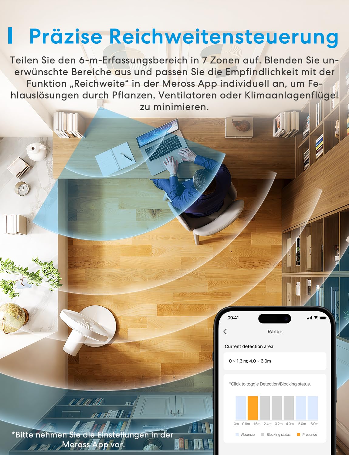 Meross Präsenzmelder Matter Over Thread, Bewegungsmelder & Anwesenheitssensor mit mmWave Radar, PIR & Lichtsensor, 3-Zonen-Erkennung, kompatibel mit Home Assistant, HomeKit, Alexa & Google Home