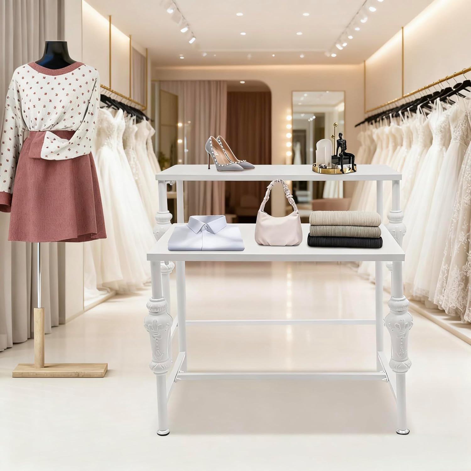 Metal Clothing Shoe Handbag Display Table, 2 Tier Heavy Duty Risers Display Stands, Standing Garment Rack Display Riser Shelf Nesting Tables for Boutiqu Retail Stores Vendor Events-White