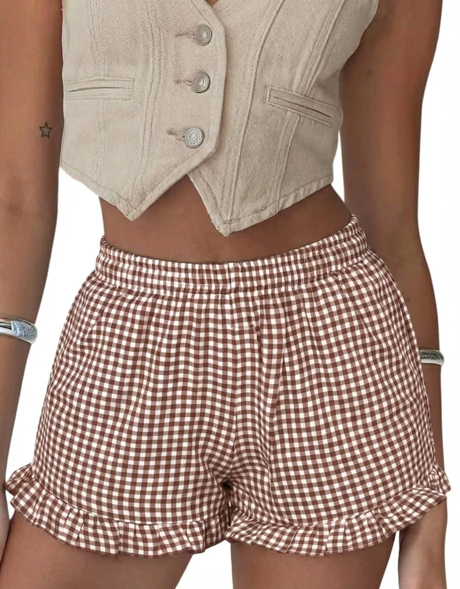 Boxer Shorts Gingham Shorts Y2K Beach Bottoms | Plaid Shorts Y2K Pajama Bottoms Two Pockets