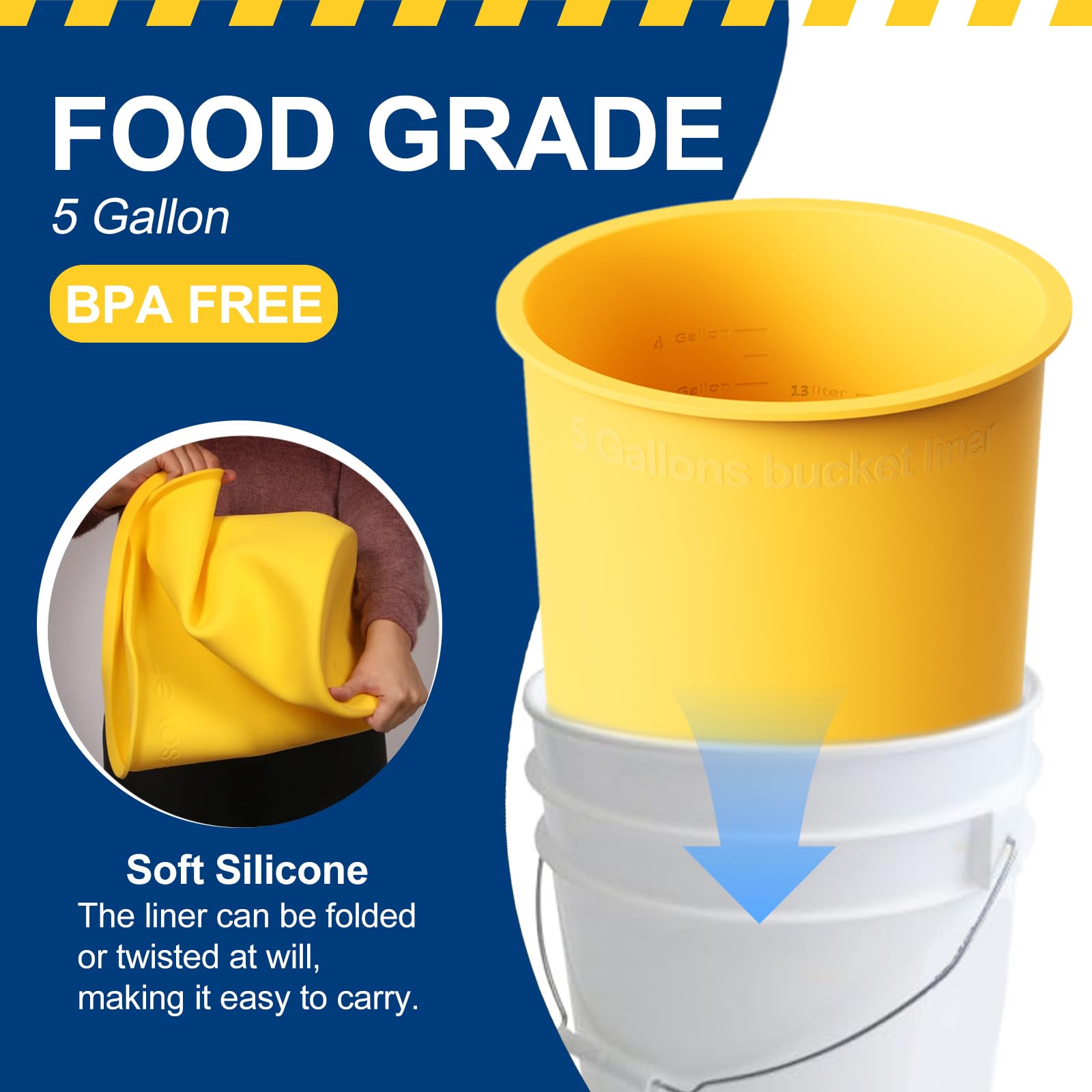 Cubo de silicona reutilizable de 5 galones para pintura Thinset, epoxi, hormigón, mezcla, cubo, con medidas graduadas, color amarillo resistente