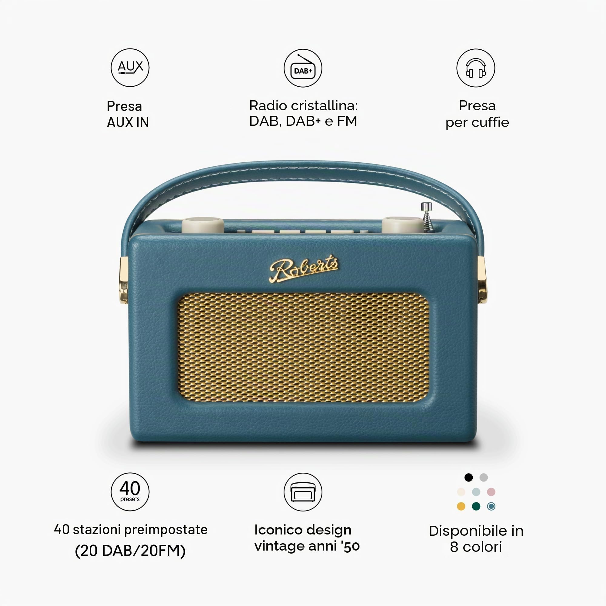 Roberts Radio Rev-Uno Retro DAB+/FM - portatile con Bluetooth, colore: Blu acqua