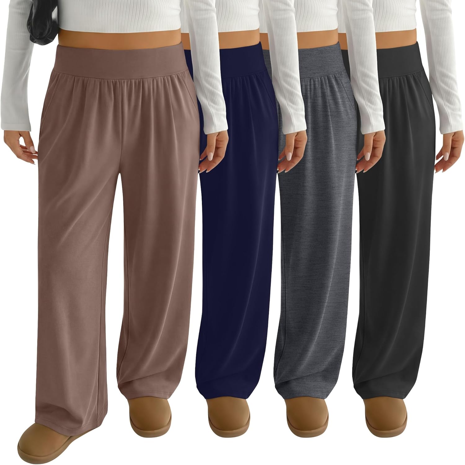 Locoowai 4 Pack Women's Plus Size Yoga Pants Wide Leg High Waist Sweatpants Casual Baggy Joggers with Pockets Winter