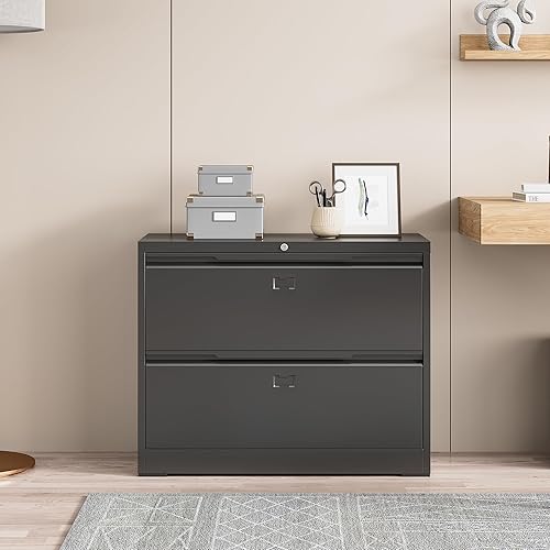 Miniatura 4 de Topass Archivadores laterales con cerradura, 2 cajones de acero anchos para organización de archivadores, archivador de acero para tamaño A4