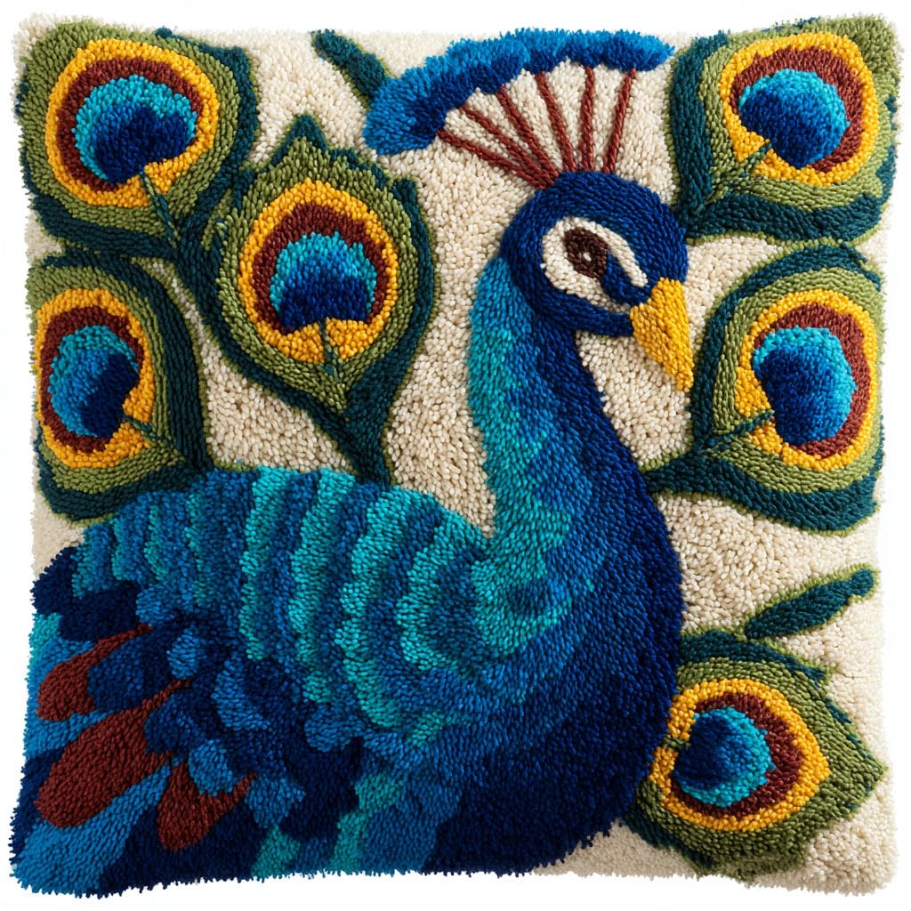 Taxpy Latch Hook Cushion Kit-C Diy Latch Hooking Pillow Kits, Animal Peacock Pillow Cover Preprinted Throw Pillow Needlework Crochet Yarns Latch Hook Cushion Making17x17inch