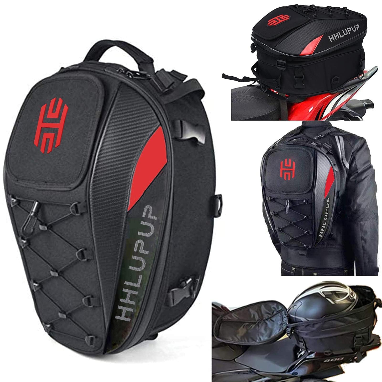 38L Motorcycle Tail Bag Helmet Backpack Waterproof Red | Large Capacity Waterproof Motorcycle Seat Bag Dual Use Backpack for Touring