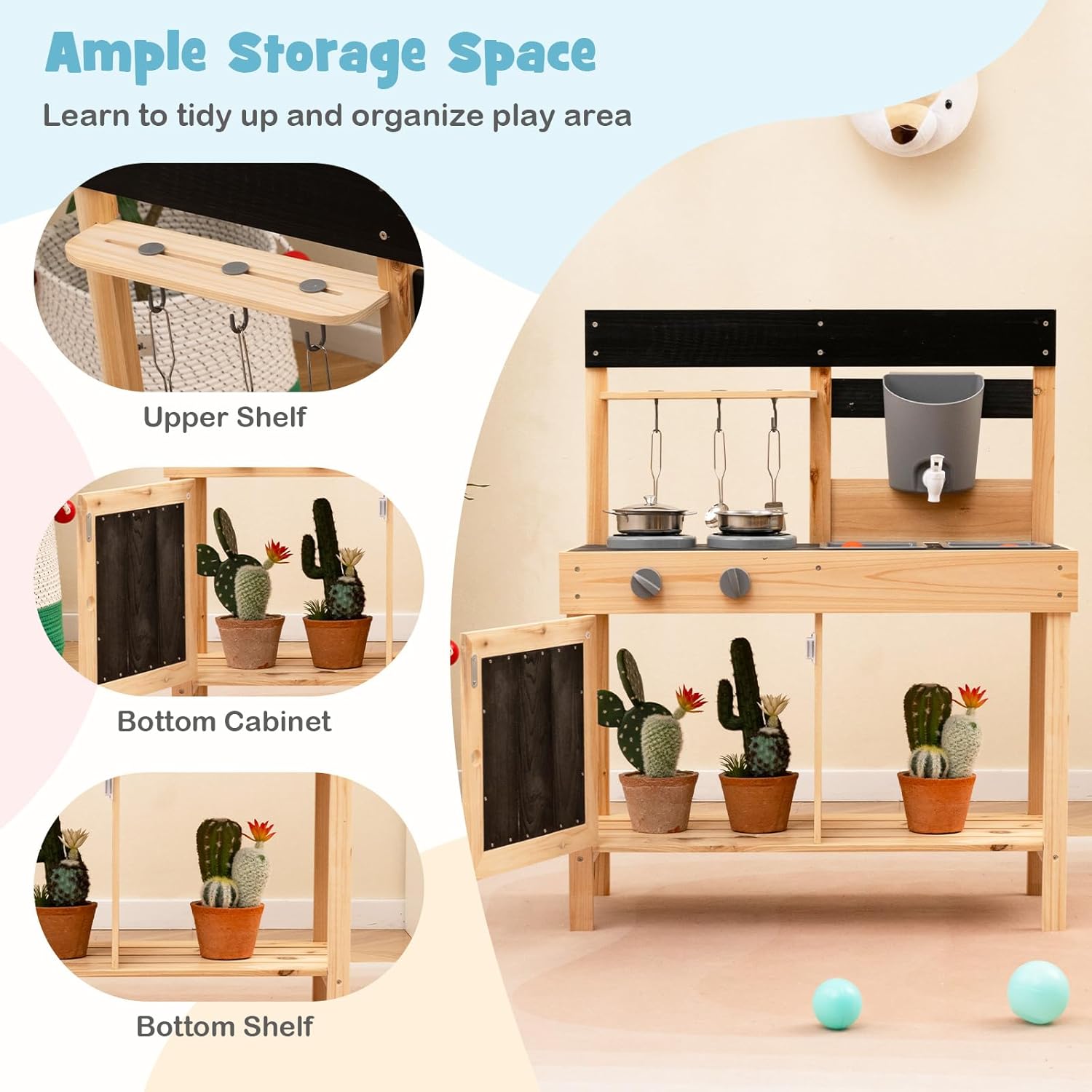 HONEY JOY Fir Wood Outdoor Play Kitchen for Toddlers, Realistic Faucet & Water Tank, Stoves, Sink, Storage Shelf, Outside Kitchen Playset, Mud Kitchen for Kids Outdoor Backyard