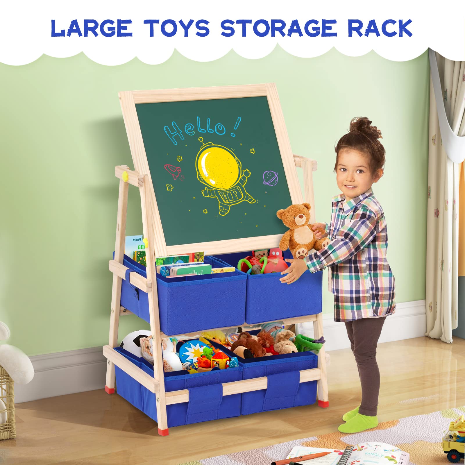 Pizarra infantil de madera con 4 cajones de tela, pizarra blanca de doble cara y pizarra Plegable Ajustable en altura Caballete infantil giratorio con números y otros accesorios para niños